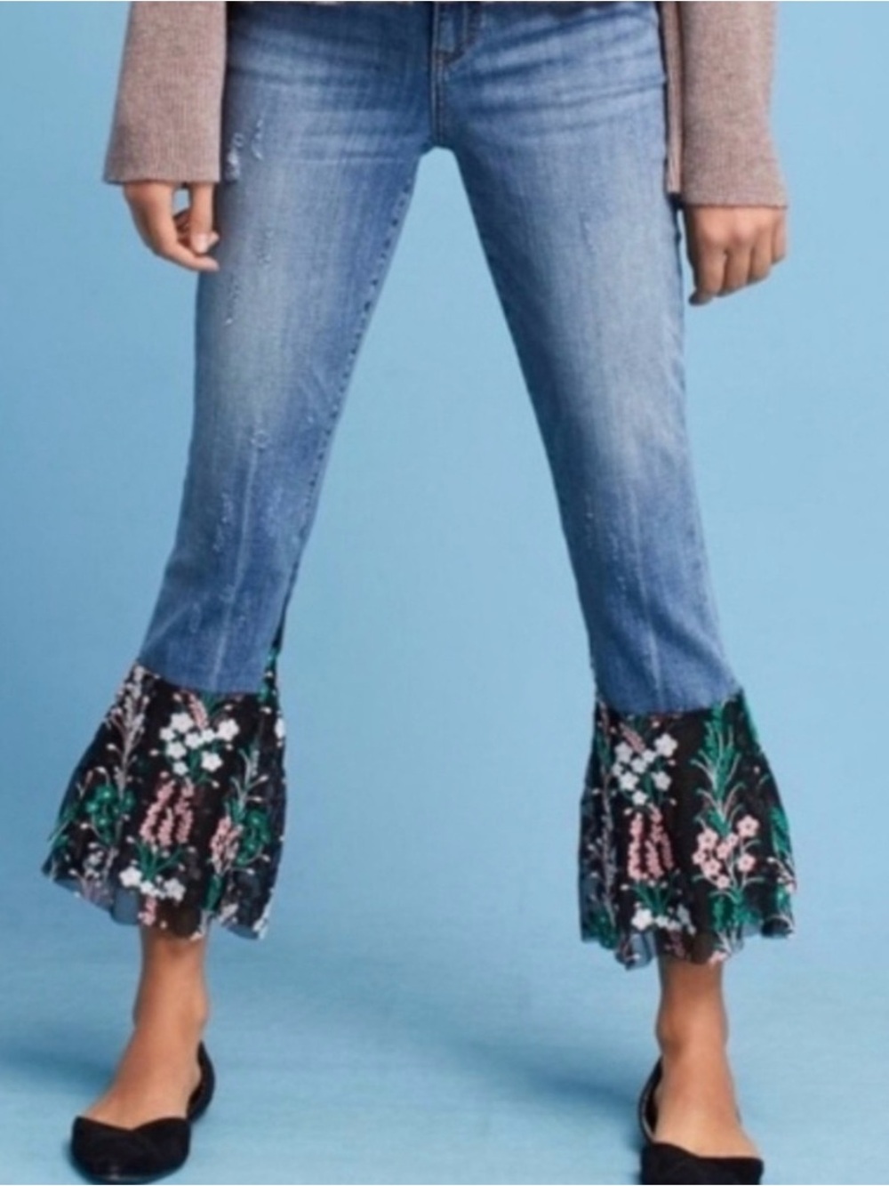 Pilcro and the Letterpress Blue Denim Flare Jeans with Black Floral Ruffle Cuffs